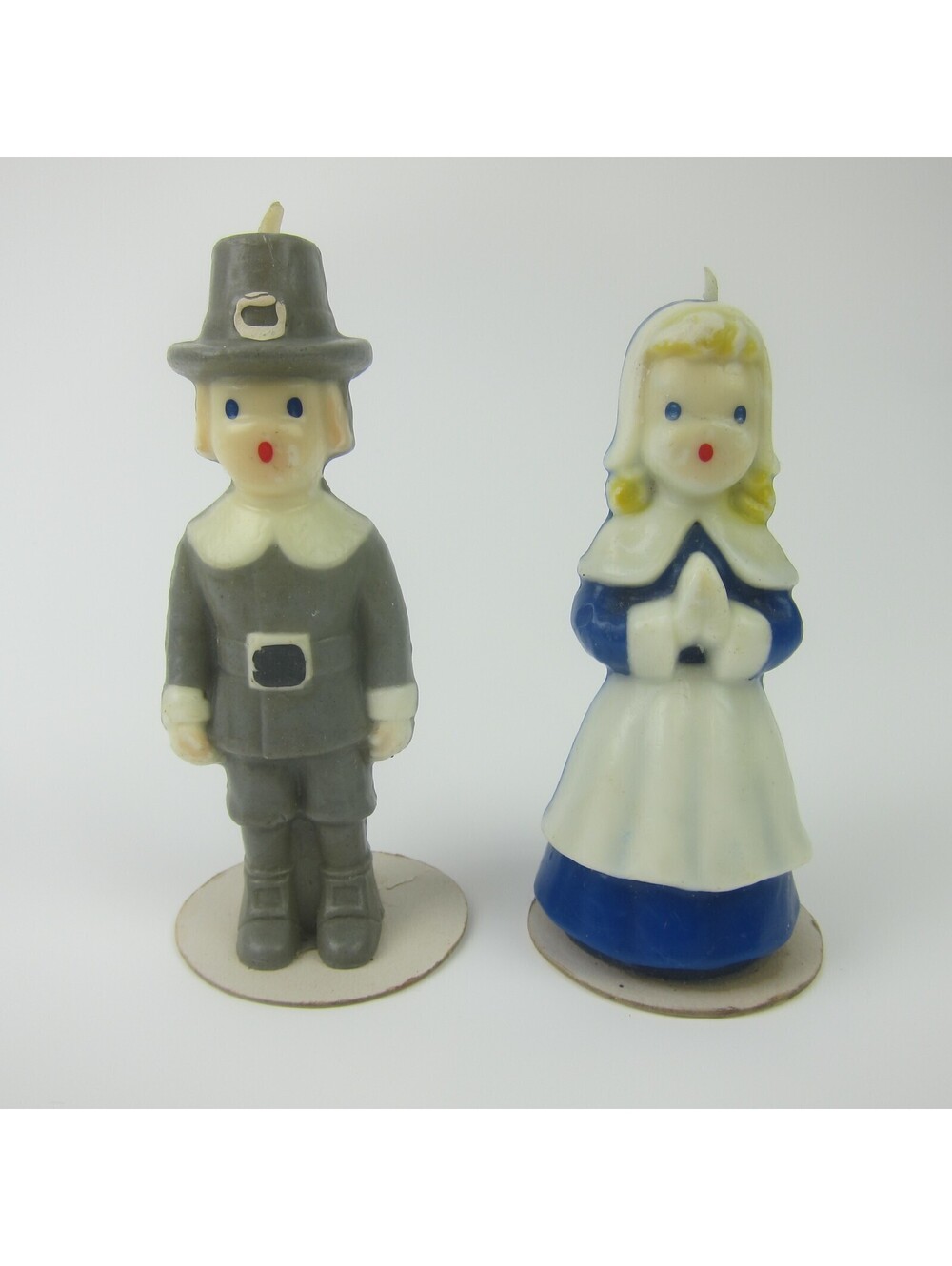 Vintage Gurley Thanksgiving Pilgrims Candle Set of 2 Boy & Girl 5" Large 1950s